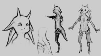 The original sketch. From the start, I wanted to play with transparency and the idea of seeing a being’s internal structures in a subtle, non-creepy way. This led to a visible mechanical heart beating within the gel-like form.