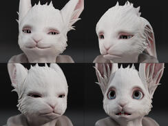 My first avatar with full face-tracking support, originally built on HTC’s SRanipal and later adapted to ARKit. Additionally, the eyes control the ears, further increasing expressiveness.