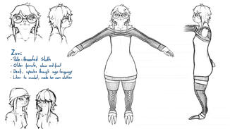 The original sketch featuring her body and clothes. Certain personality traits of the character guided her design. This image also served as a reference for the proportions of the blockout and sculpt.