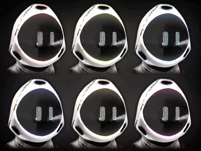 The digital face, made of shrinking and expanding polygons, was later added as a layer of expression. This system enables pixel-style animations via blendshapes.