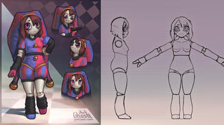 Original concept art on the left and modeling guide on the right. Everything was created by me, including all of the promotional material!